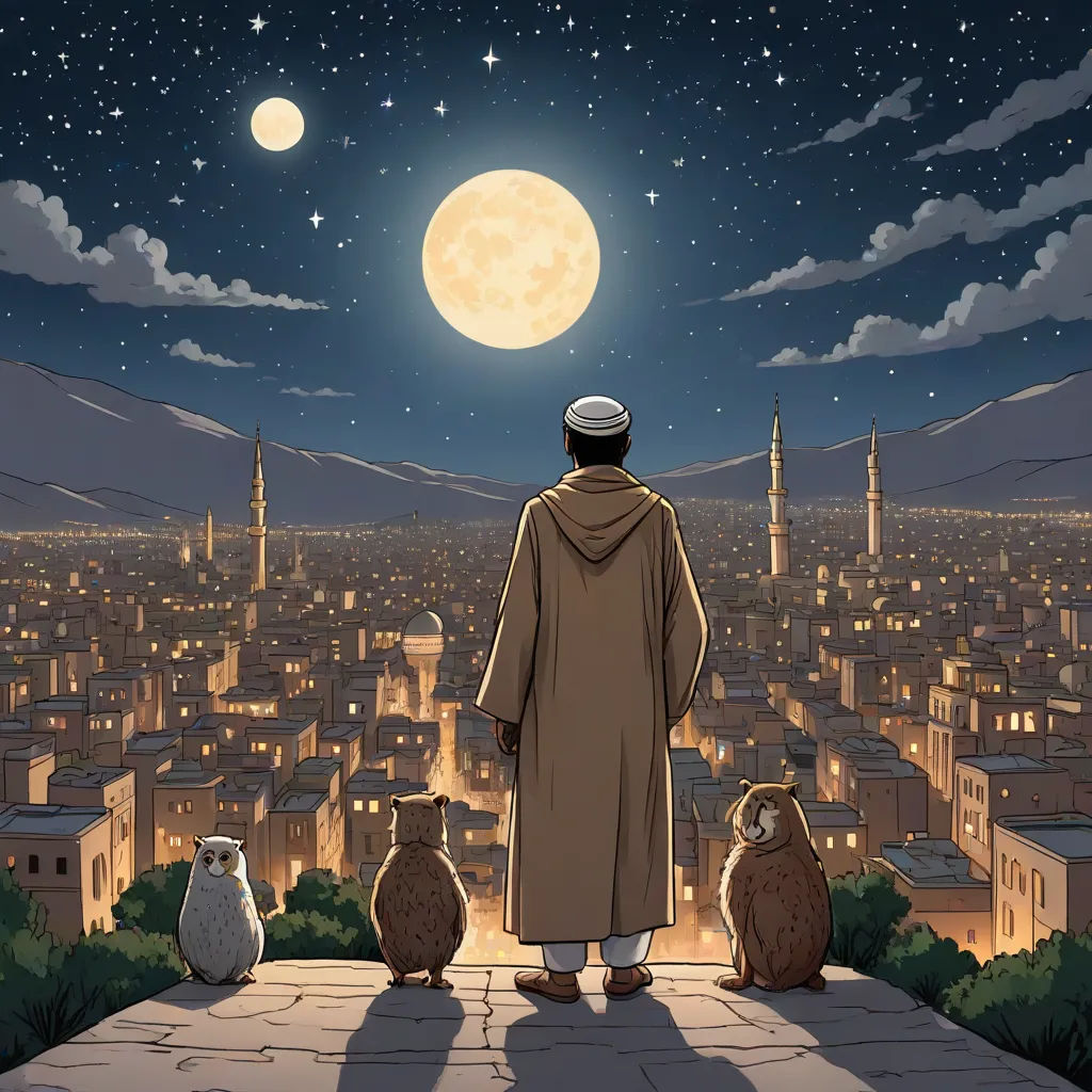 a man standing on a roof looking at the city at night with owls sitting on the ground and a full moon in the sky, Asaf Hanuka, hurufiyya, a storybook illustration, full moon