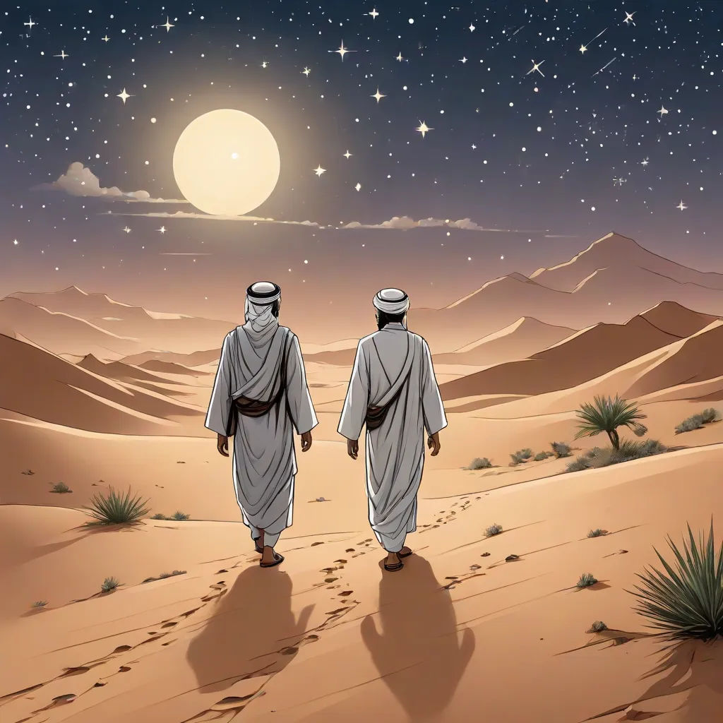 two men walking in the desert under a full moon sky with stars and a desert landscape behind them, with a desert landscape with sand dunes and a full of stars and a full moon, Asaf Hanuka, hurufiyya, egyptian art, desert