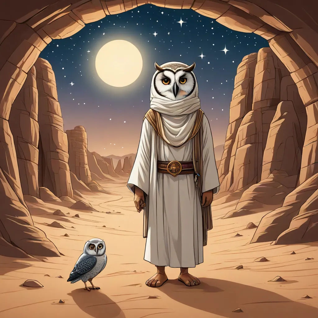 a cartoon character standing in a desert with an owl on his shoulder and a full moon in the background, Amir Zand, fantasy art, egyptian art, rossdraws global illumination