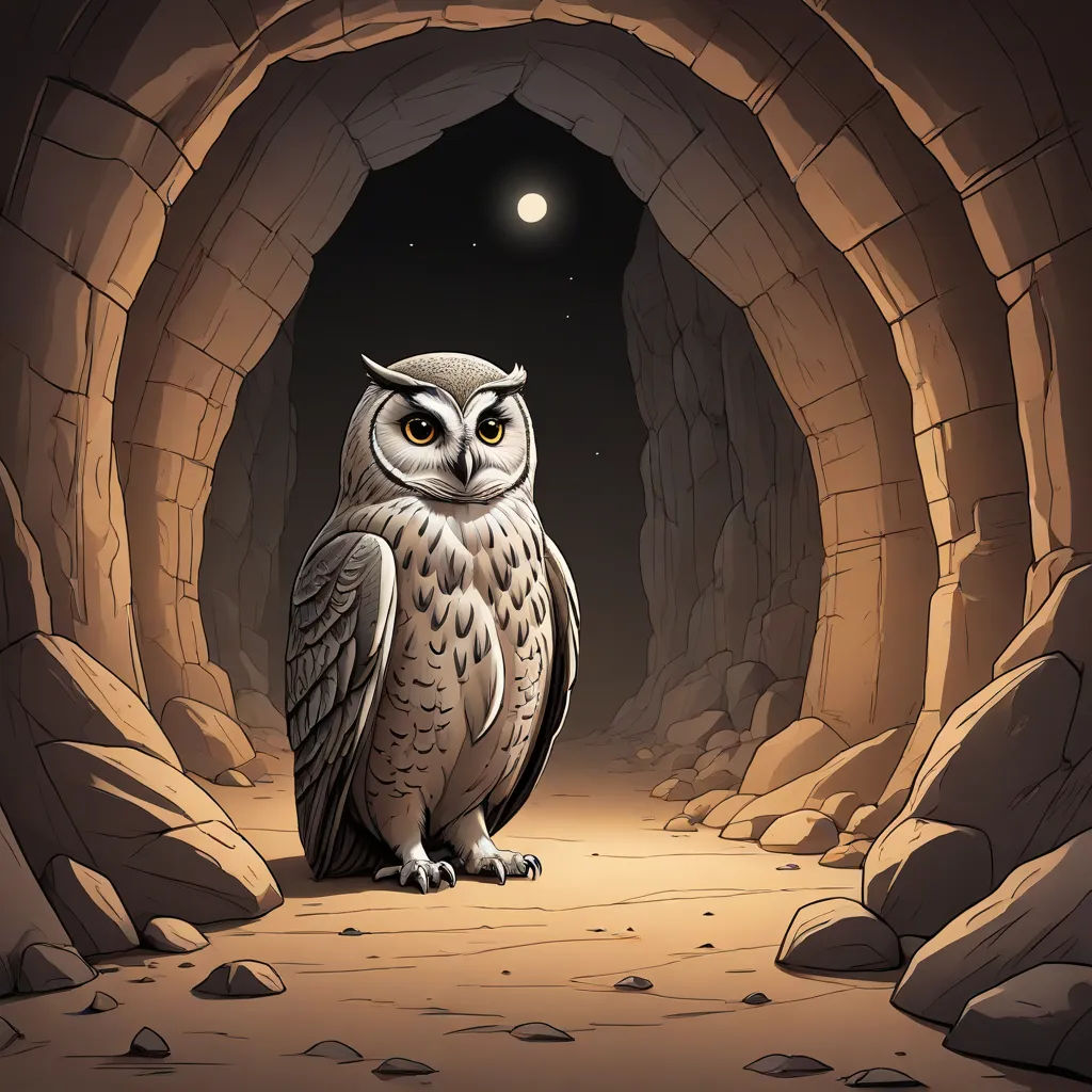 an owl sitting in a cave under a full moon night sky with a full moon in the background and a small light in the middle, Dan Mumford, fantasy art, a storybook illustration, rossdraws global illumination