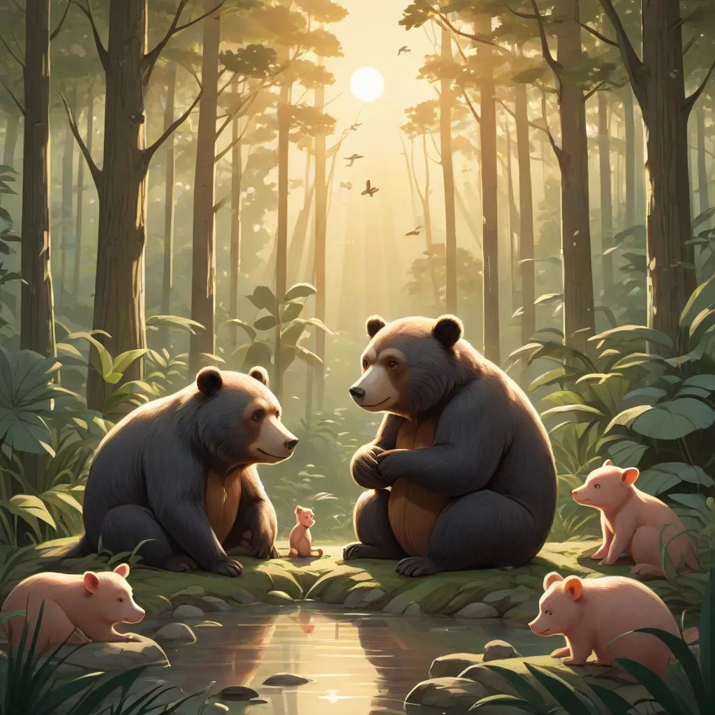 two bears sitting on the ground in the woods with their babies in front of them, with the sun shining through the trees, Chris LaBrooy, fantasy art, a storybook illustration, official art