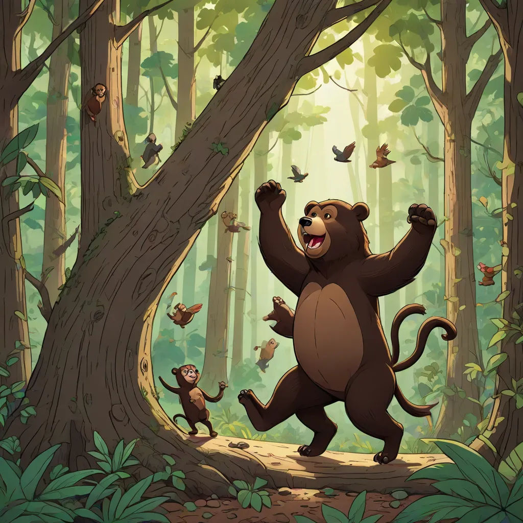 a cartoon bear and a monkey are in the woods together, with butterflies flying around them and a tree in the foreground, Chris LaBrooy, furry art, a storybook illustration, official art