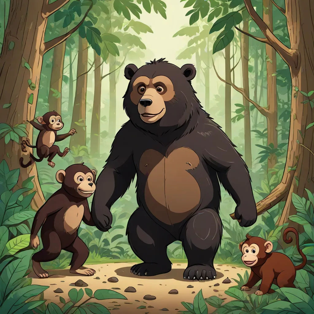 a group of monkeys standing in the middle of a forest with a big bear in the middle of the forest, Alex Petruk APe, primitivism, a storybook illustration, 2 d game art