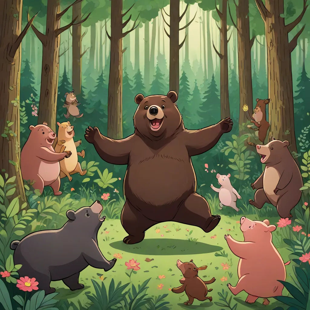 a bear is standing in the middle of a forest with other bears around him and a bear is standing up, Asaf Hanuka, furry art, a storybook illustration, official art