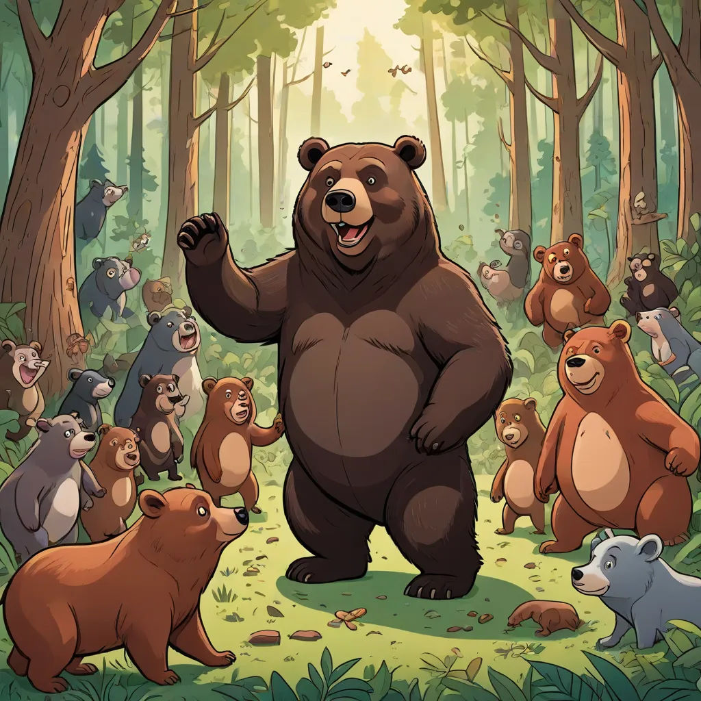 a large bear standing in the middle of a forest with other bears around him and a forest background with trees and leaves, Chip Zdarsky, furry art, a storybook illustration, furaffinity