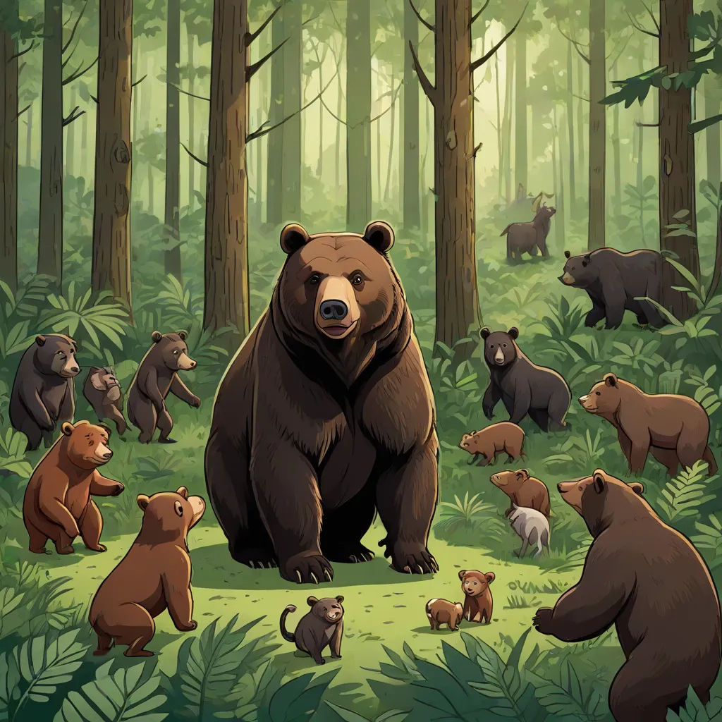 a bear standing in the middle of a forest filled with bears and other animals, with a forest background, Chris LaBrooy, furry art, a storybook illustration, official art