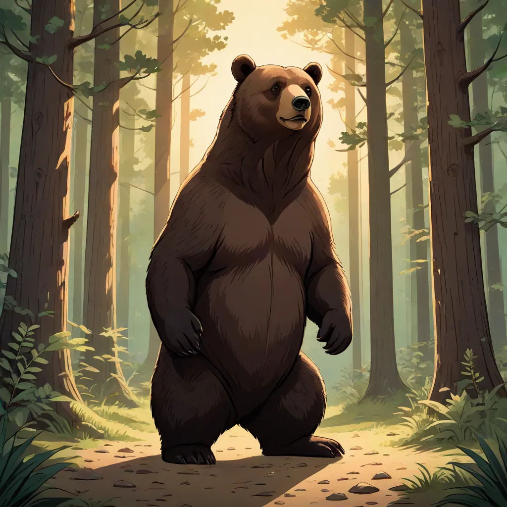 a bear standing in the middle of a forest with trees and leaves on the ground and a sun shining through the trees, Brom, furry art, concept art, official art