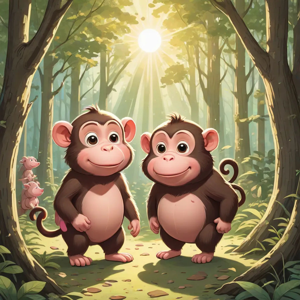 two monkeys standing in the middle of a forest with a sun shining through the trees behind them and a pink flower in the foreground, Chris LaBrooy, sots art, a storybook illustration, official art