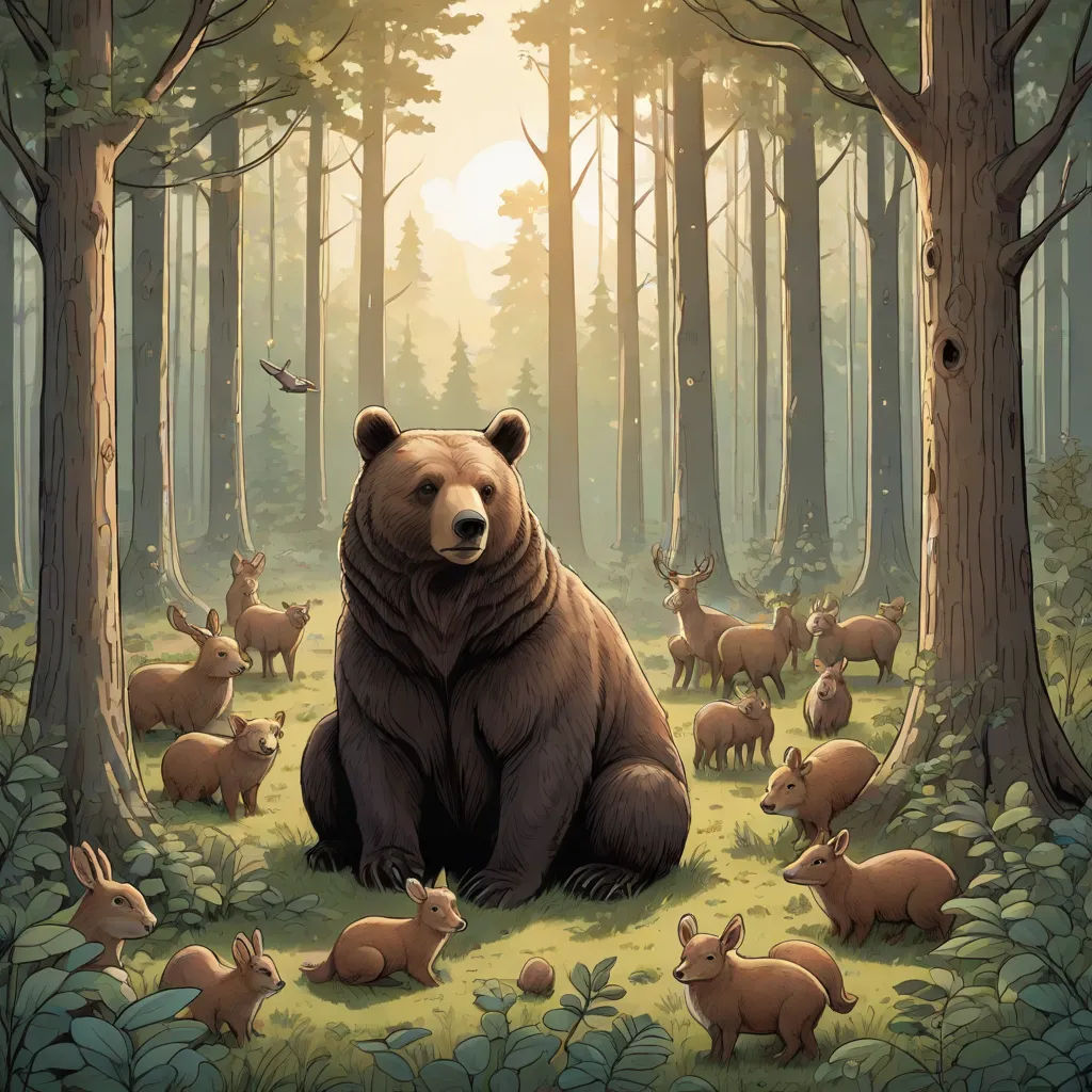a bear sitting in the middle of a forest with other animals around it and a sun shining through the trees, Chris LaBrooy, furry art, a storybook illustration, furaffinity