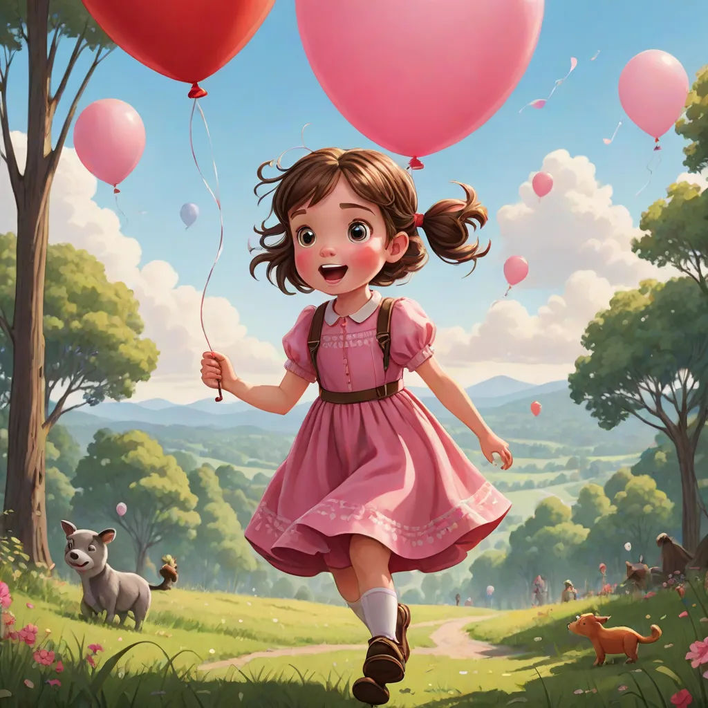 a girl in a pink dress holding two balloons in a field with animals and trees in the background,, fantasy art, a storybook illustration, Chris LaBrooy, official art