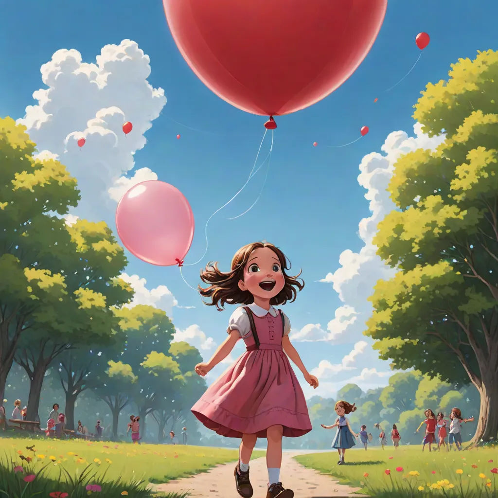 a girl in a pink dress is holding a red balloon in the air while walking down a path with other children, american scene painting, a detailed painting, Aaron Jasinski, official art
