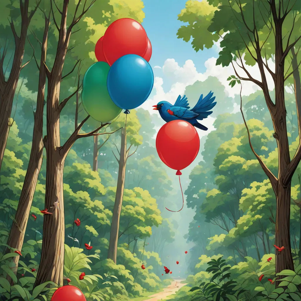a bird flying over a forest filled with balloons and a bird flying over a forest filled with balloons and a bird flying over a forest, magic realism, a storybook illustration, Chris LaBrooy, highly detailed digital painting