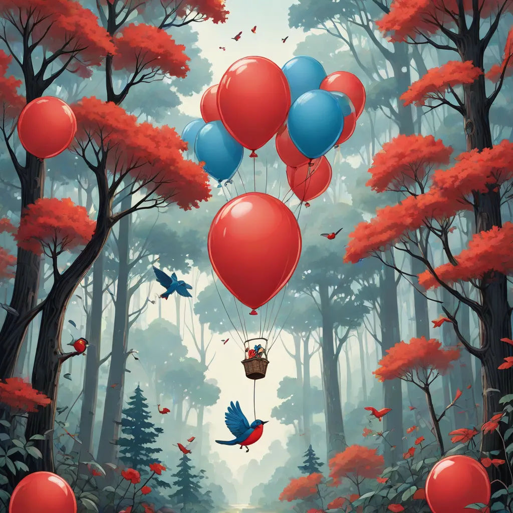 a painting of a forest with red and blue balloons floating in the air and a bird flying in the air, pop surrealism, a storybook illustration, Chris LaBrooy, highly detailed digital painting