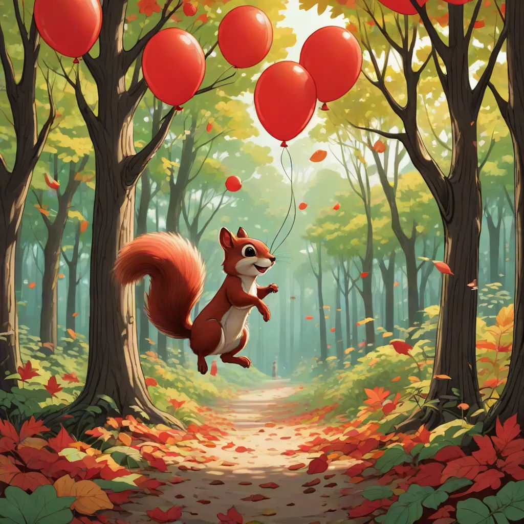 a squirrel flying through a forest with red balloons in the air and a squirrel holding a string of red balloons, pop surrealism, a storybook illustration, Chris LaBrooy, official art