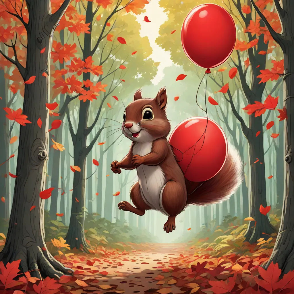 a squirrel flying through a forest holding a red ballon with a red heart on it's back, pop surrealism, a storybook illustration, Chris LaBrooy, official art