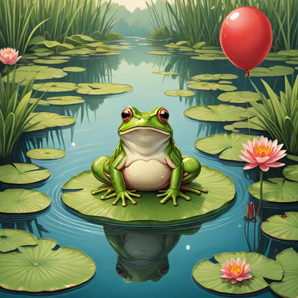 a frog sitting on a lily pad in a pond with a red balloon floating above it and lily pads in the water, magic realism, a storybook illustration, Chris LaBrooy, highly detailed digital painting