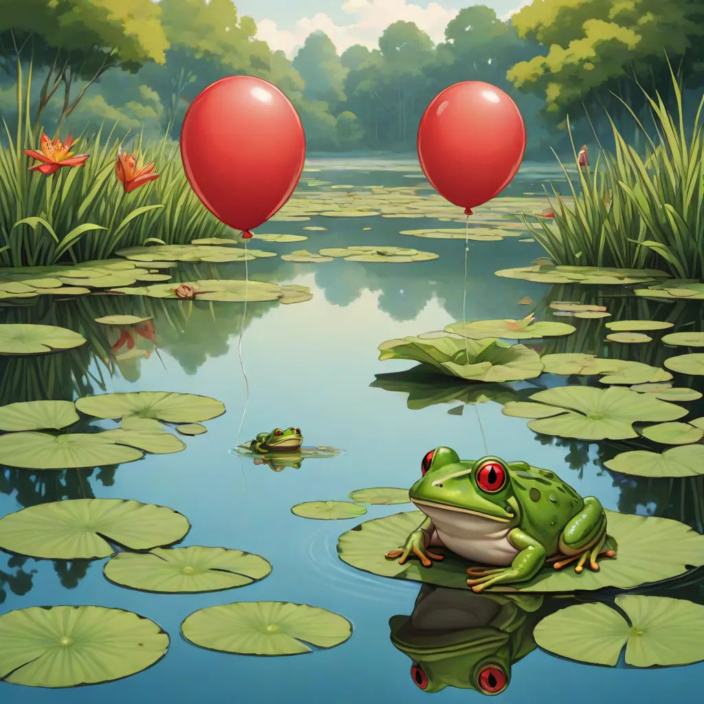 a frog sitting on a lily pad in a pond with two red balloons floating above it and lily pads in the water, magic realism, a storybook illustration, Chris LaBrooy, highly detailed digital painting