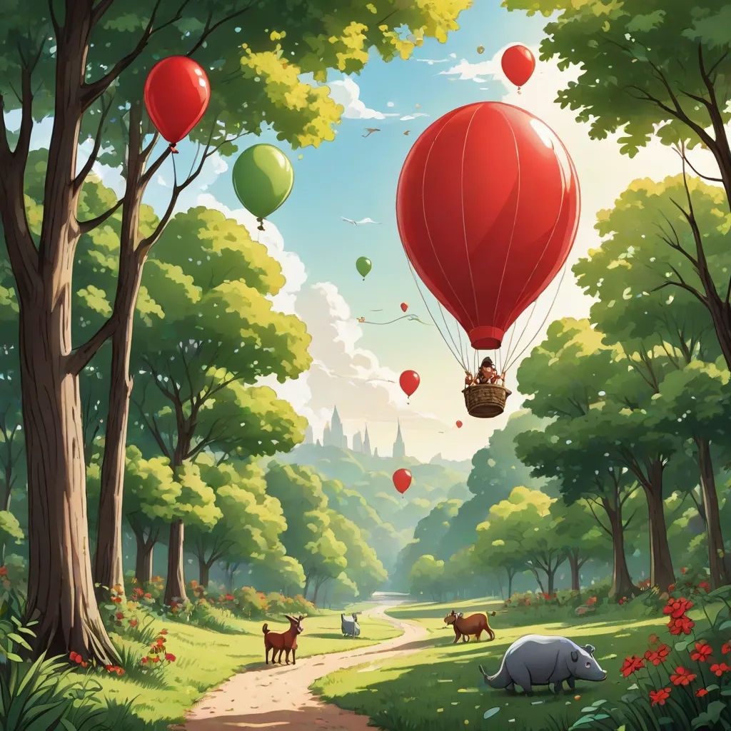 a painting of a forest with animals and a hot air balloon flying over it, with a path leading to a forest with animals, fantasy art, a storybook illustration, Chris LaBrooy, rossdraws global illumination