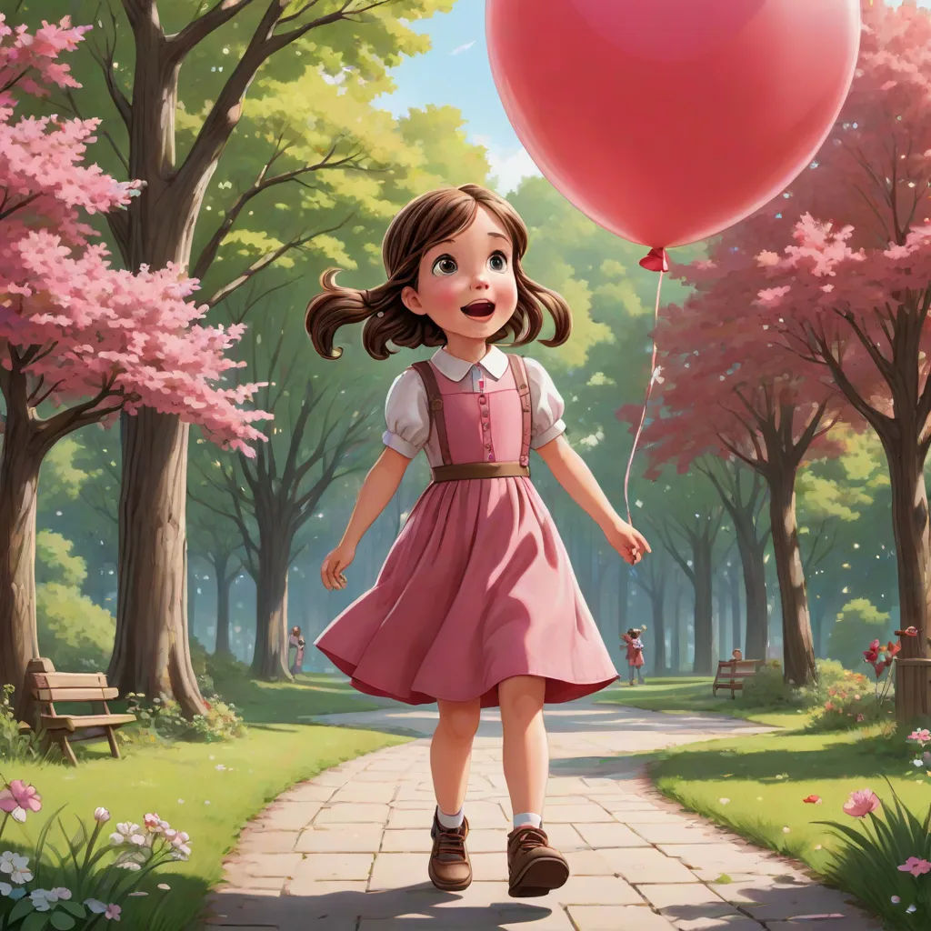 a girl in a pink dress holding a pink balloon in a park with trees and flowers on either side, magical realism, a storybook illustration, Alejandro Burdisio, rossdraws global illumination