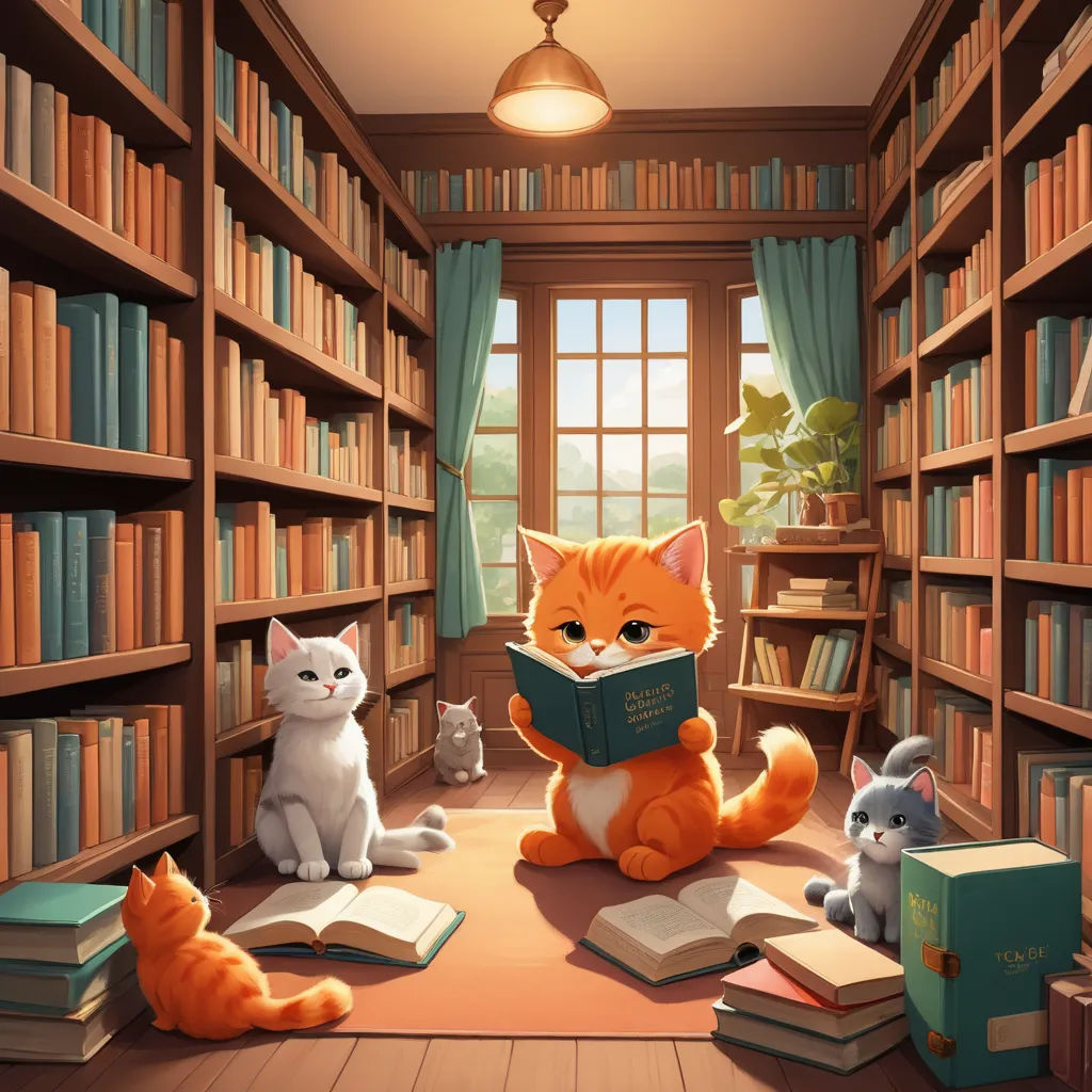 a cat sitting on the floor reading a book in a library with other cats sitting around it and a cat sitting on the floor, fantasy art, a storybook illustration, Cyril Rolando, storybook illustration