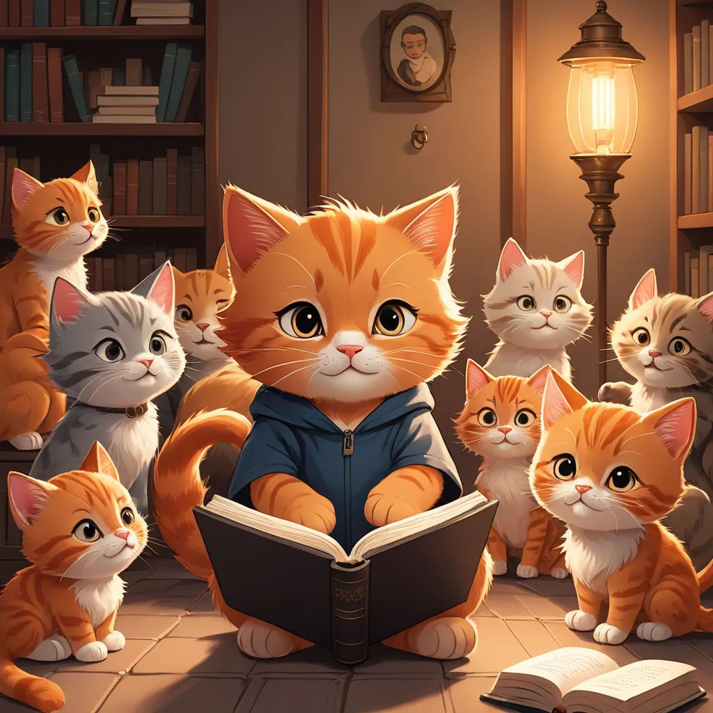 a group of cats sitting around a book in a room with a lamp on the floor and a book in front of them, furry art, a storybook illustration, Diego Gisbert Llorens, storybook illustration