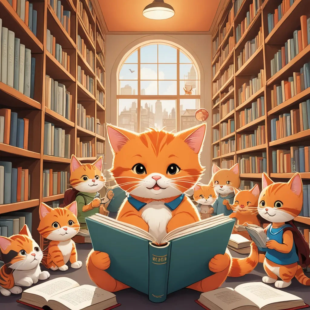 a cat reading a book in a library with many cats around it and a window in the background with a skylight, art & language, a storybook illustration, Chris LaBrooy, storybook illustration