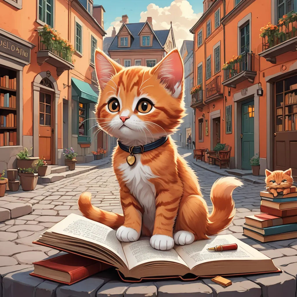 a cat sitting on a book in a street with a cat sitting on top of it and a cat sitting on the book, fantasy art, a storybook illustration, Chris LaBrooy, storybook illustration