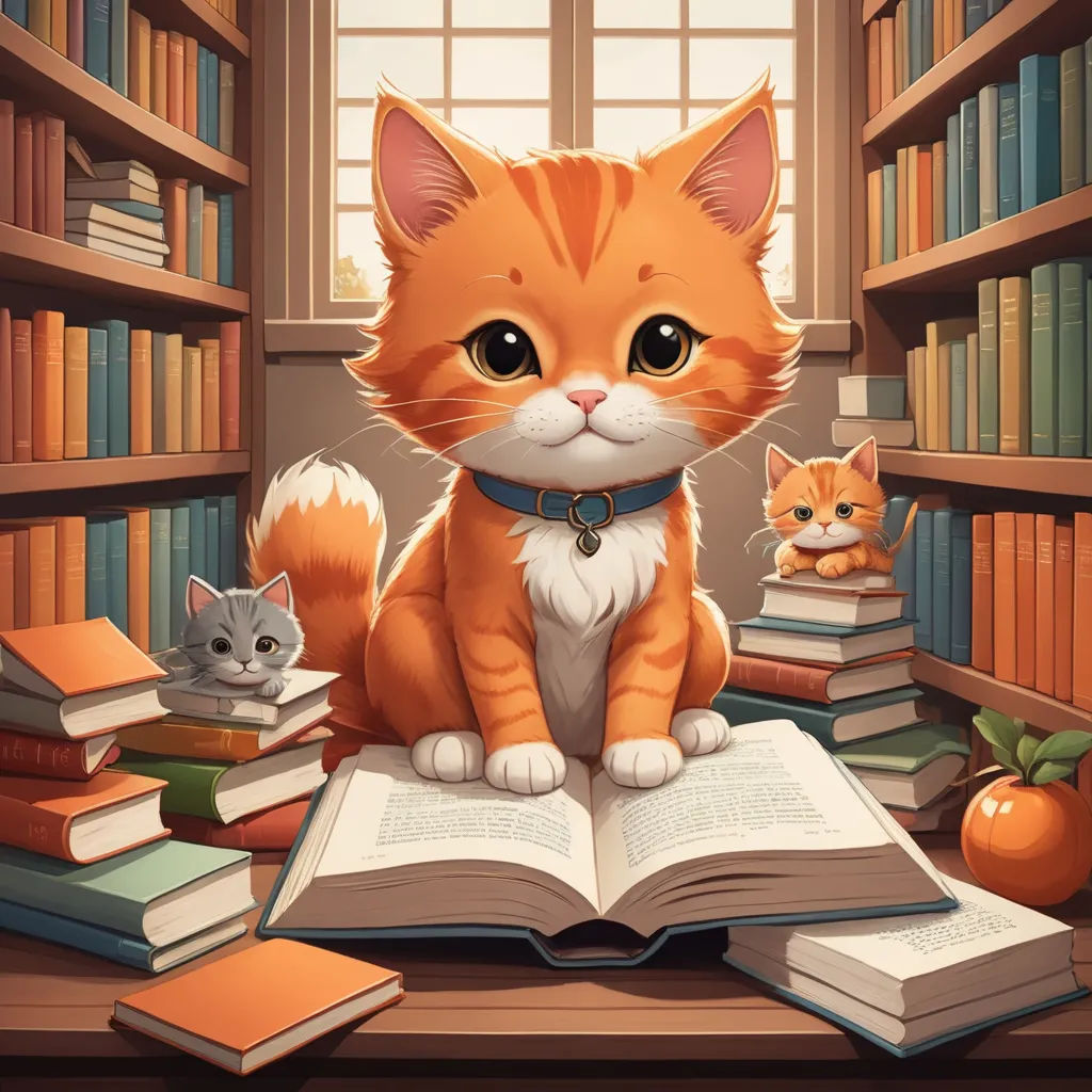 a cat sitting on a book in a library with a kitten sitting on the book and a cat sitting on the book, fantasy art, a storybook illustration, Elinor Proby Adams, storybook illustration