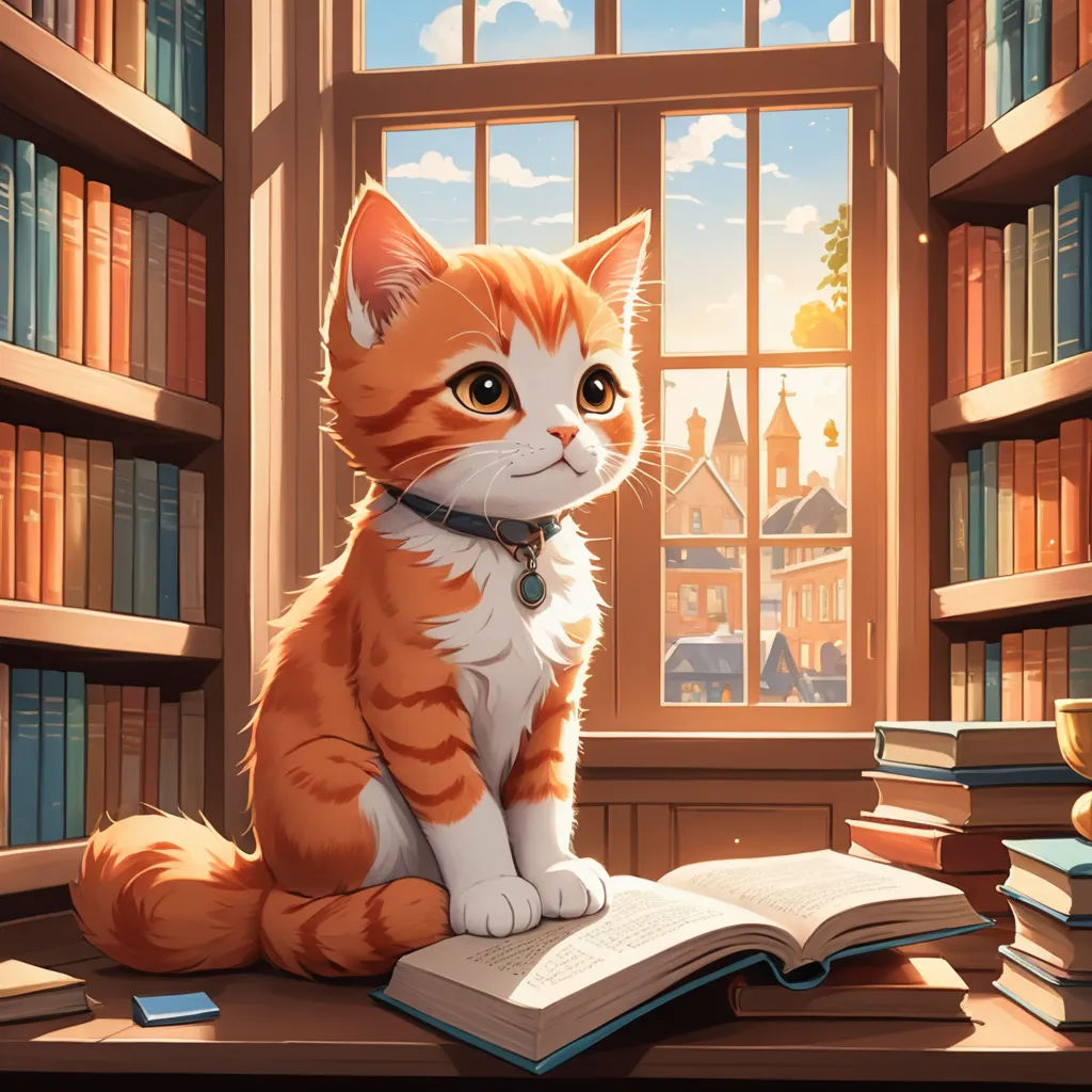 a cat sitting on a book in a library with a window and bookshelves in the background,, sots art, a storybook illustration, Charlie Bowater, game art