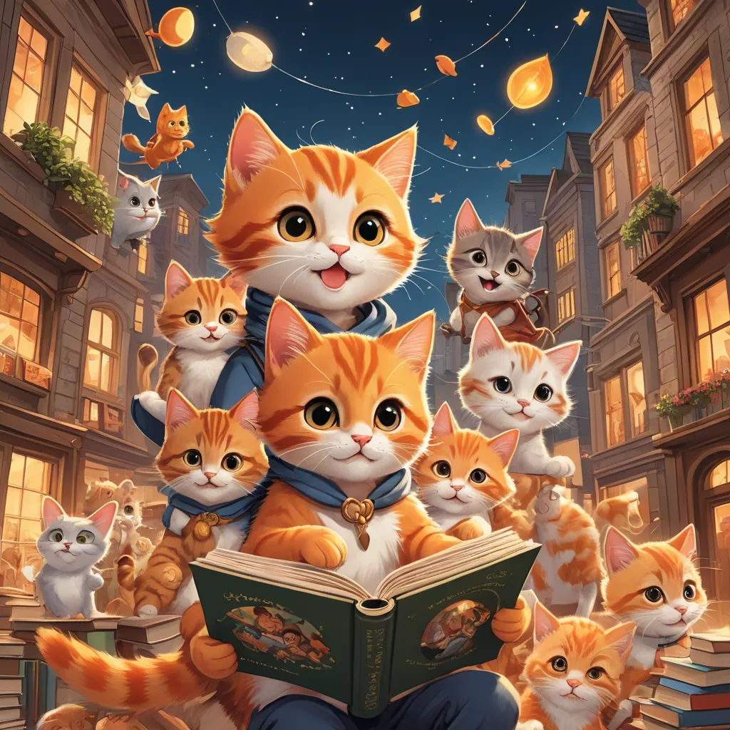 a painting of a cat reading a book with kittens around it and a full moon in the background, fantasy art, a storybook illustration, Chris LaBrooy, official art