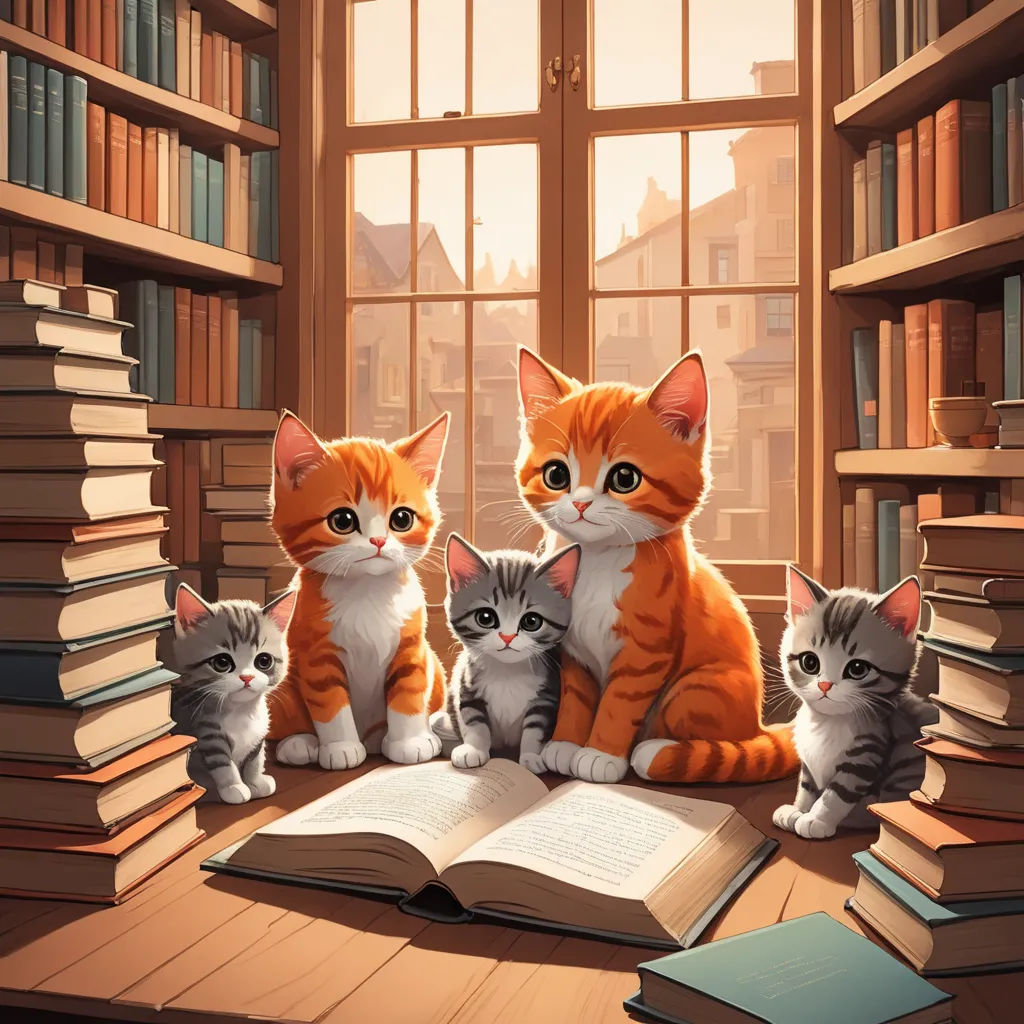 a group of cats sitting on top of a book on a table next to a window and a book, academic art, a storybook illustration, Art & Language, trending on art station