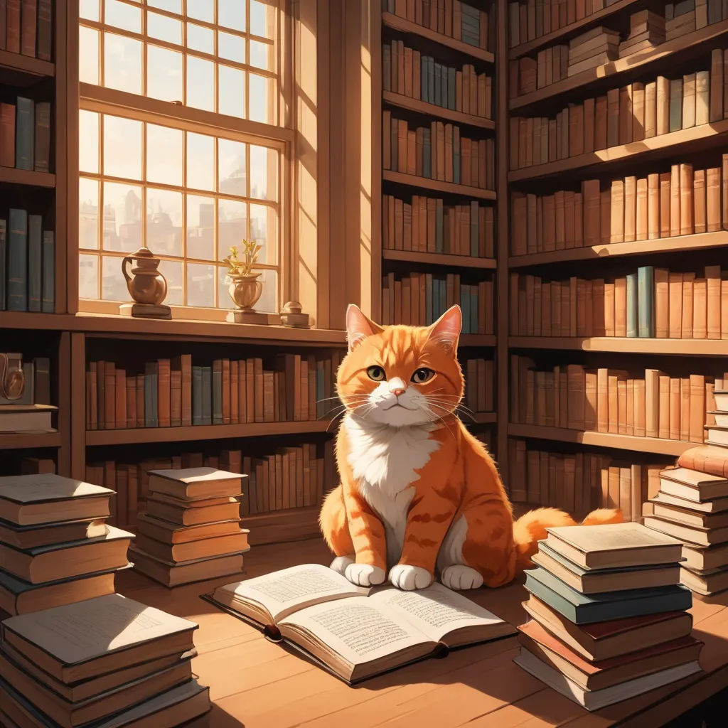 a cat sitting on a table in a library with books on the floor and a window behind it,, furry art, a storybook illustration, Evgeny Lushpin, storybook illustration