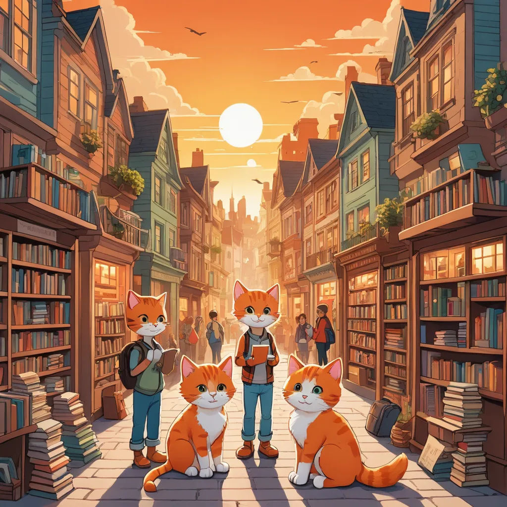 a group of cats standing in front of a book store filled with books and people standing around it with a cat on the floor, furry art, a storybook illustration, Dan Mumford, official art