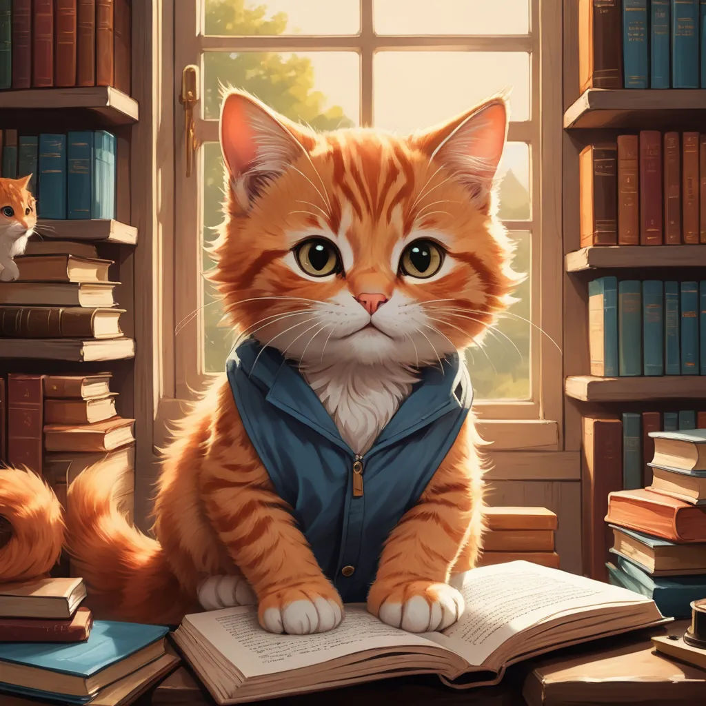 a cat sitting on top of a book next to a window and a cat sitting on a book shelf, academic art, a storybook illustration, Chris LaBrooy, trending on art station