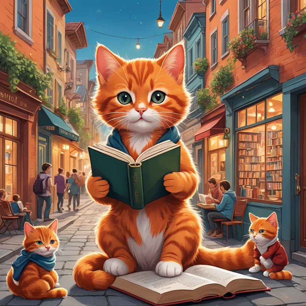 a cat sitting on a book while reading a book in a city street with a cat sitting on the book, art & language, a storybook illustration, Chris LaBrooy, storybook illustration