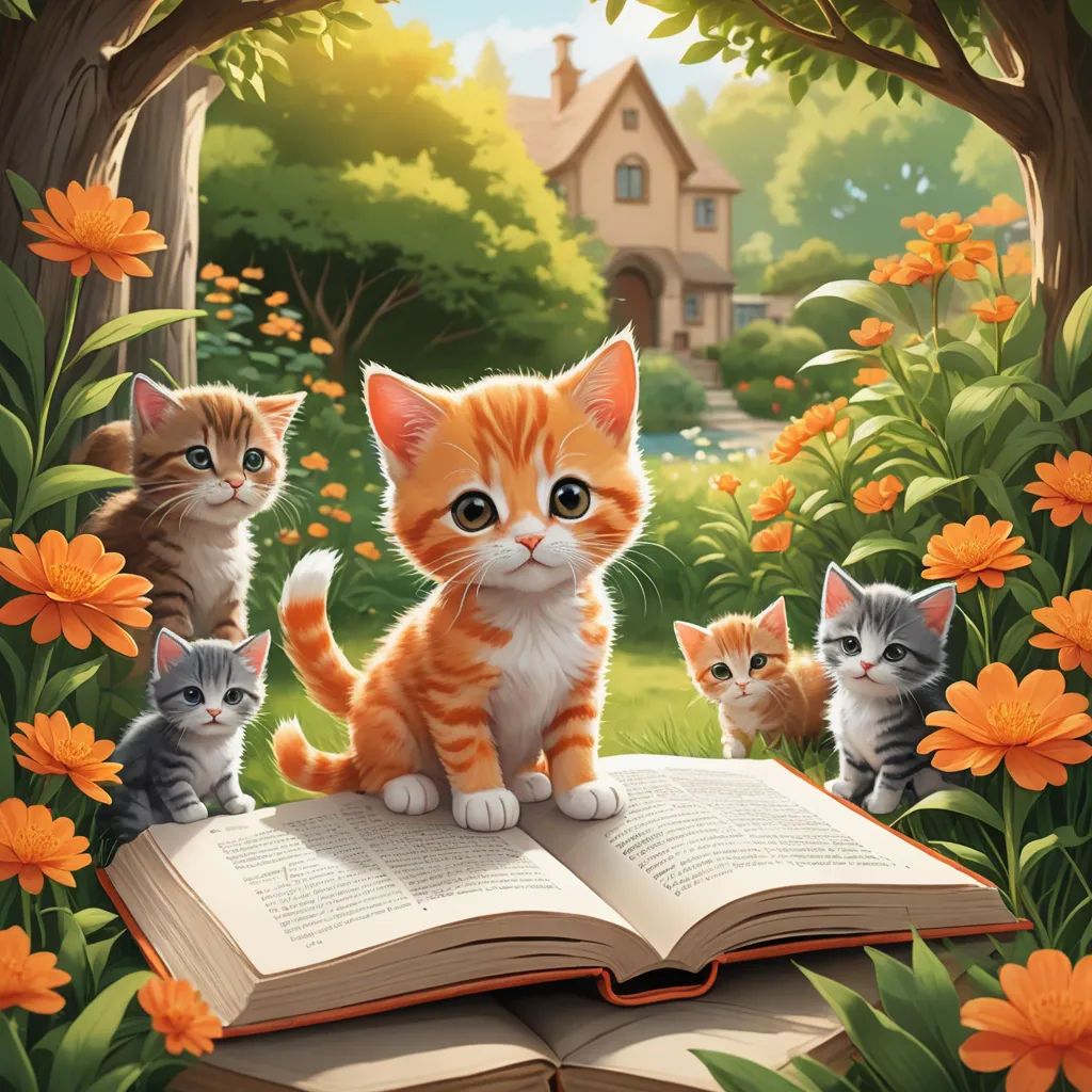 a painting of a kitten family sitting on a book in a garden with flowers and trees, with a house in the background, fantasy art, a storybook illustration, Art & Language, storybook illustration
