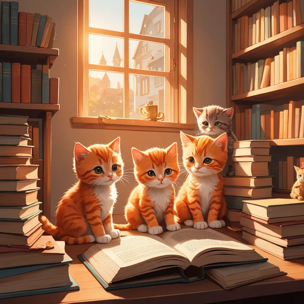 three cats sitting on a table next to a book and a window with a cat on it and a cat sitting on top of a book, fantasy art, a storybook illustration, Artur Tarnowski, storybook illustration