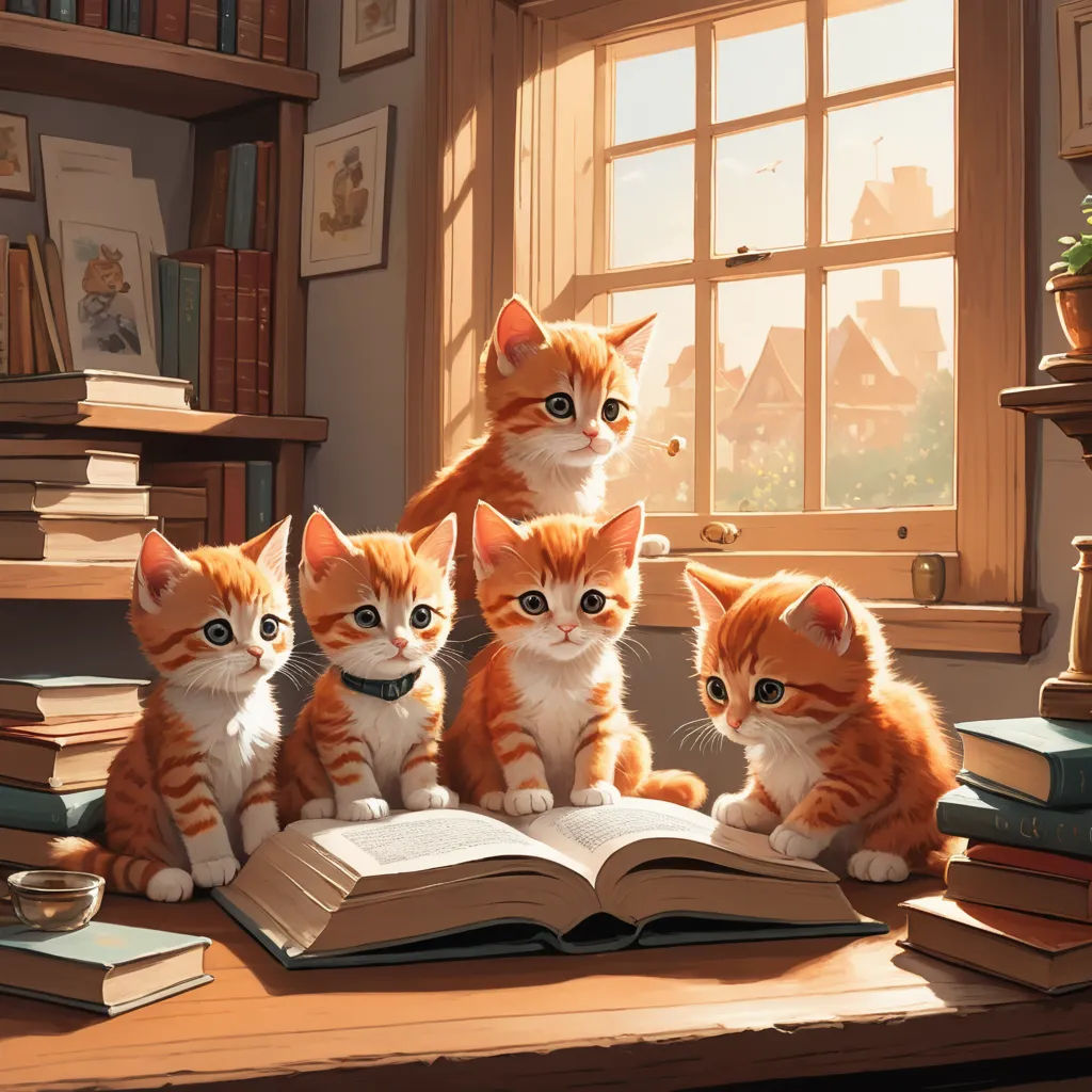 a group of kittens sitting on top of a book on a table next to a window and bookshelf, academic art, a storybook illustration, Chris LaBrooy, trending on art station