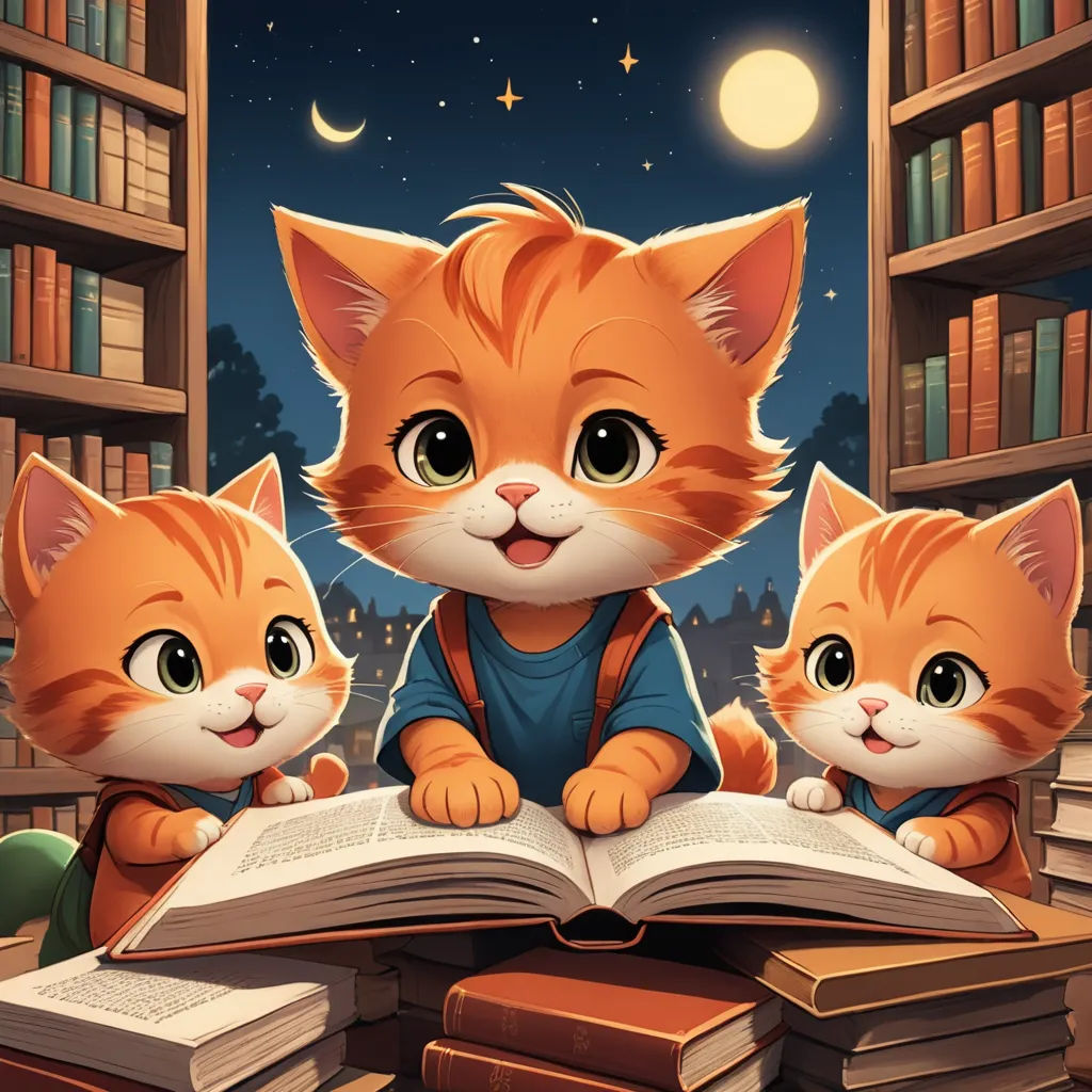 a cat sitting on top of a book next to two kittens on a table in front of a bookcase, furry art, a storybook illustration, Diego Gisbert Llorens, storybook illustration