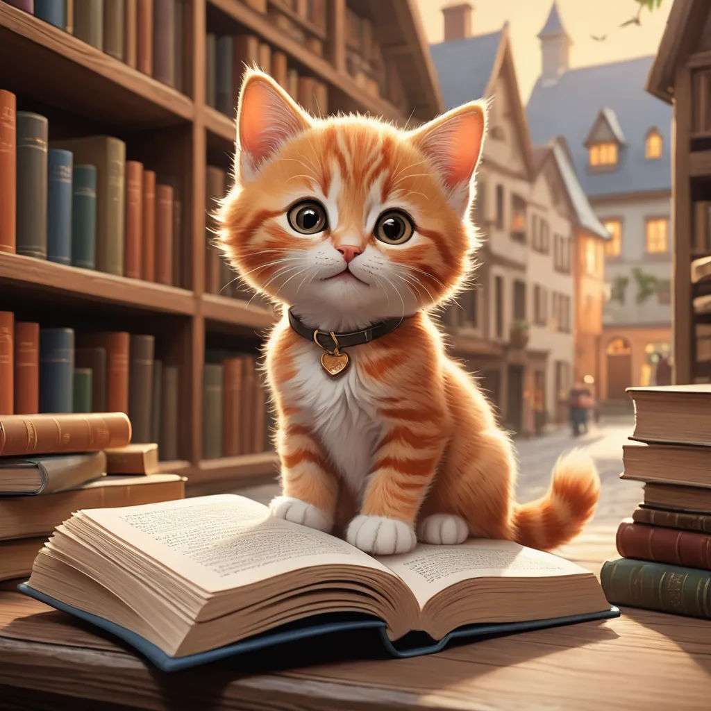 a cat sitting on a book in a library with bookshelves in the background and a cat on the floor, fantasy art, a storybook illustration, Chris LaBrooy, storybook illustration