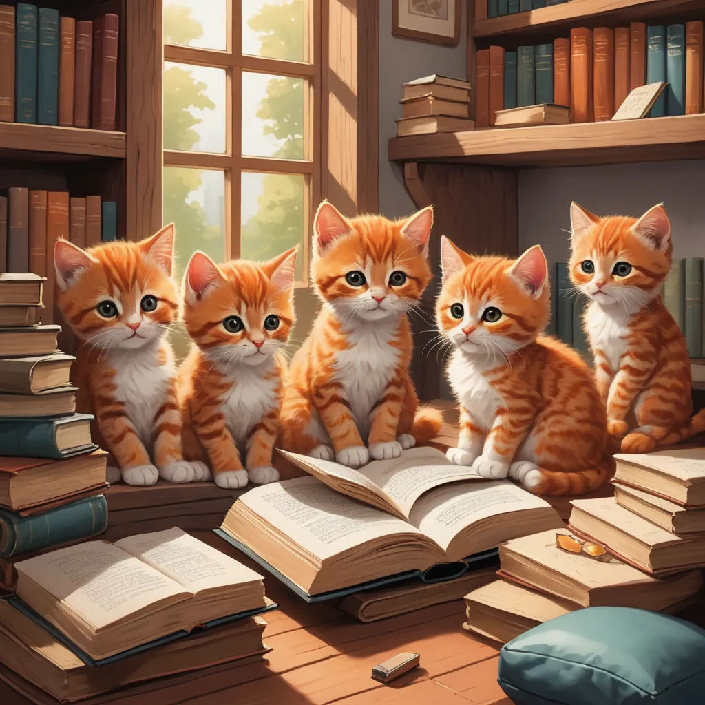 a group of kittens sitting on top of a book shelf next to a window and bookshelf, academic art, a storybook illustration, Chris LaBrooy, storybook illustration