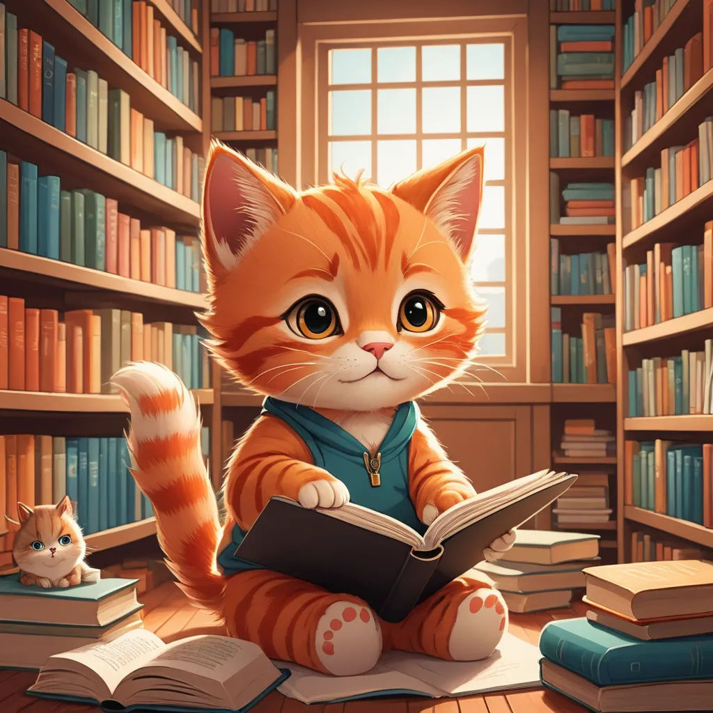 a cat sitting on the floor reading a book in a library with a cat sitting on the floor next to it, fantasy art, a storybook illustration, Cyril Rolando, cute and funny