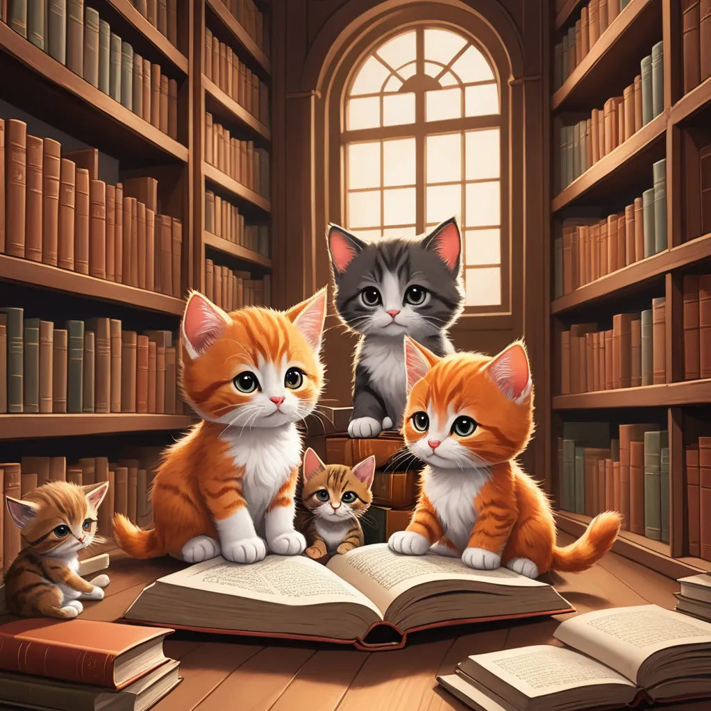 three cats are sitting on a book in a library with a cat on the bookcase and a cat on the floor, fantasy art, a storybook illustration, Anne Stokes, storybook illustration
