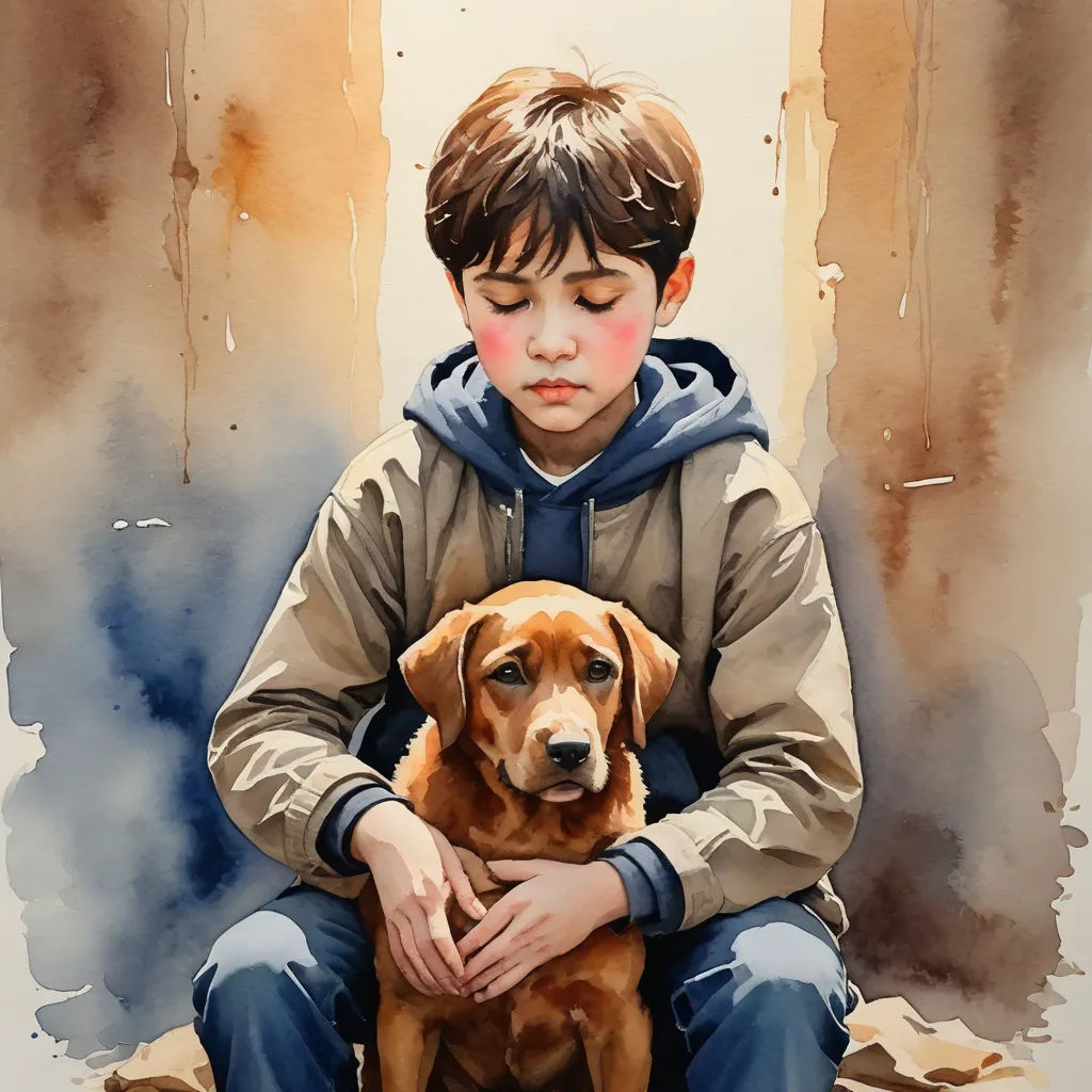 a boy sitting on a rock with a dog in his lap, painted in watercolors by a young boy, figurative art, a watercolor painting, Diego Gisbert Llorens, in gouache detailed paintings