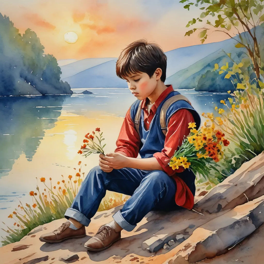 a painting of a boy sitting on a rock by a lake with flowers in his hands and a sunset in the background, figurative art, a detailed painting, Art Brenner, detailed painting