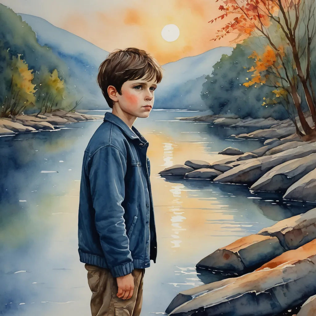 a painting of a boy standing in front of a river with a sunset in the background and a mountain range in the background, american scene painting, a watercolor painting, Anthony Palumbo, in gouache detailed paintings