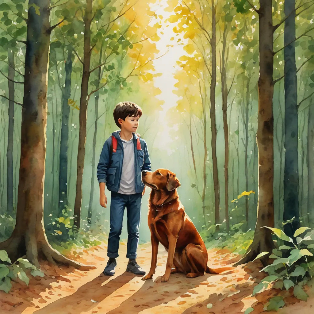 a boy and his dog are standing in the woods together, looking at each other and smiling at the camera, american scene painting, a storybook illustration, Diego Gisbert Llorens, storybook illustration