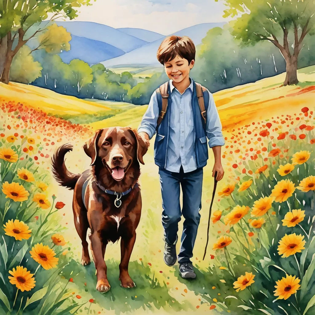 a painting of a boy and his dog walking through a field of sunflowers with a mountain in the background, naive art, a storybook illustration, Bob Byerley, storybook illustration
