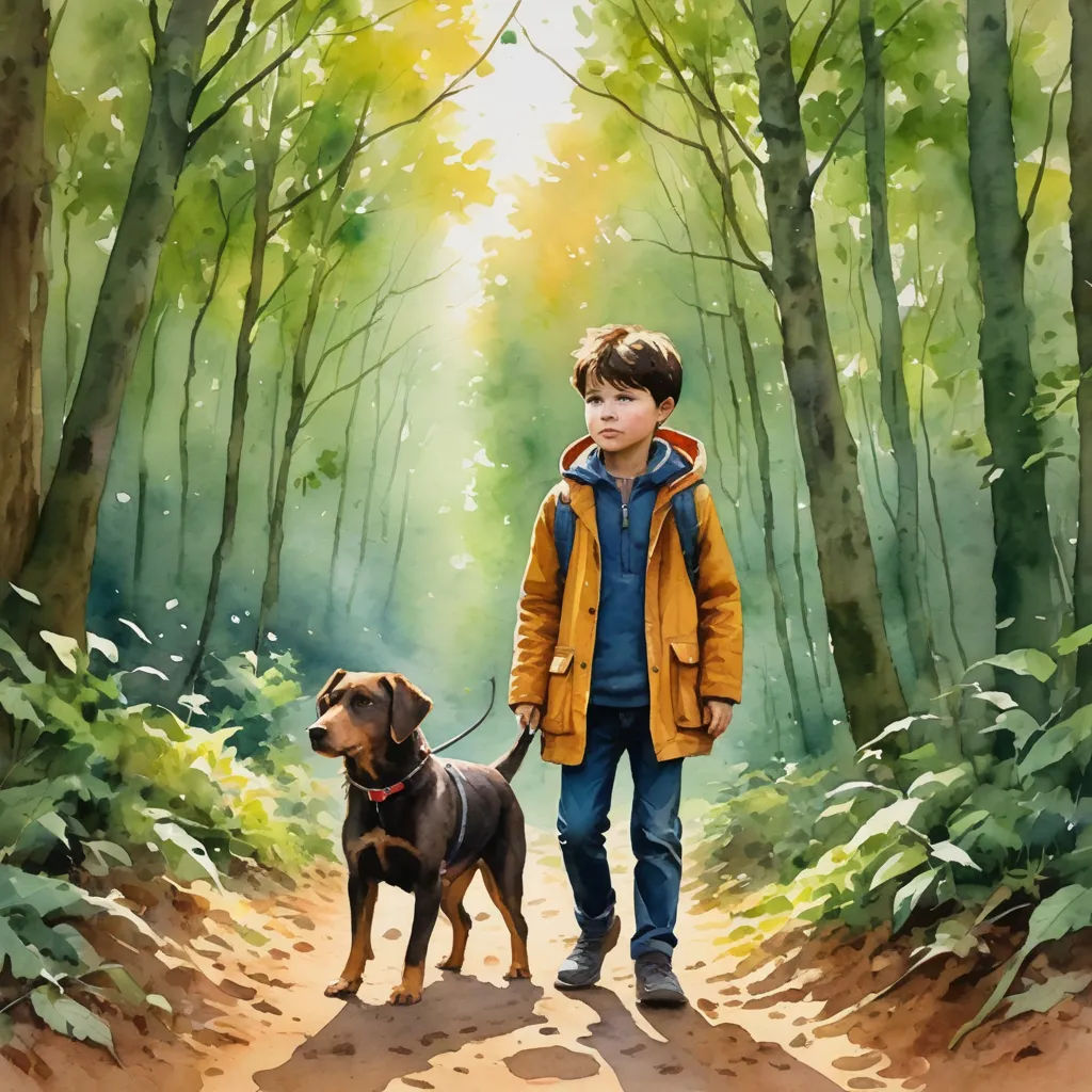 a painting of a boy and his dog in the woods by a path in the woods, with a boy in a yellow jacket and a blue shirt and brown dog in the foreground, photorealism, a storybook illustration, Diego Gisbert Llorens, in gouache detailed paintings