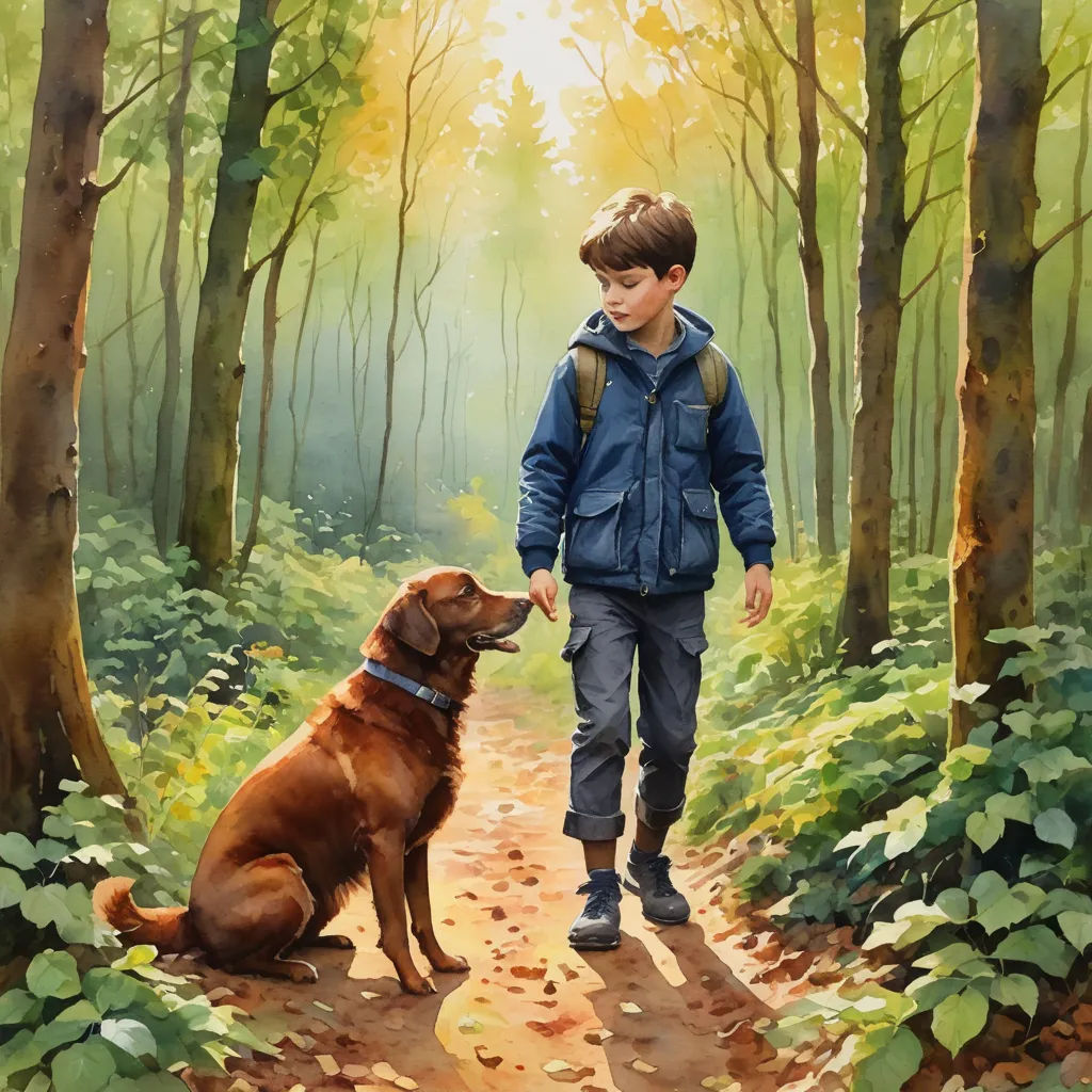 a painting of a boy and his dog walking through a forest with sunlight coming through the trees and leaves, figurative art, a storybook illustration, Diego Gisbert Llorens, in gouache detailed paintings